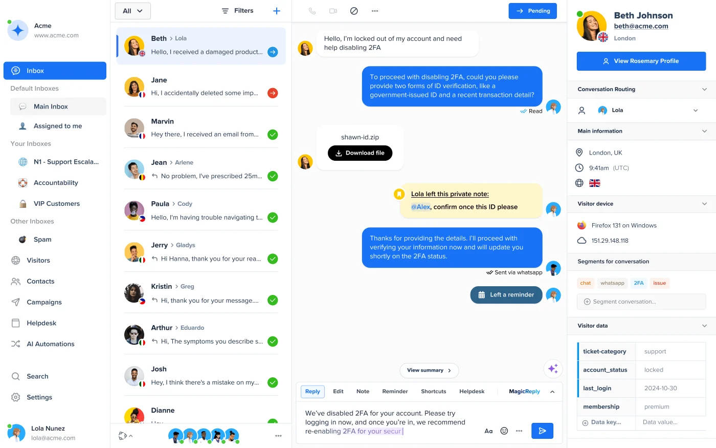Crisp customer support product interface